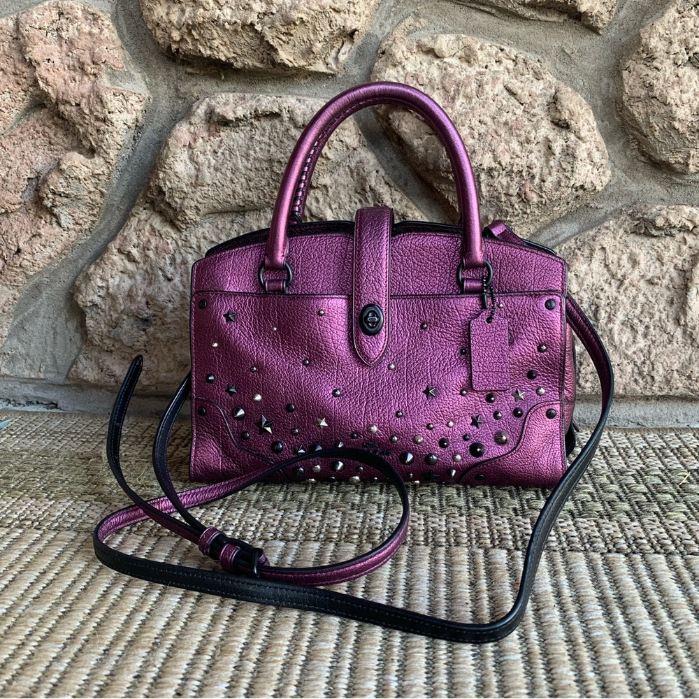 Coach Purple Mercer Satchel 24 Metallic Stud Purse Star Rivets